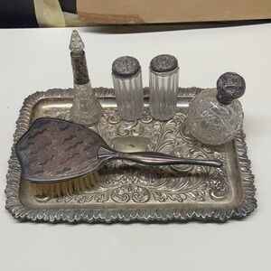 Vintage Silver Vanity Set with Crystal Accents
